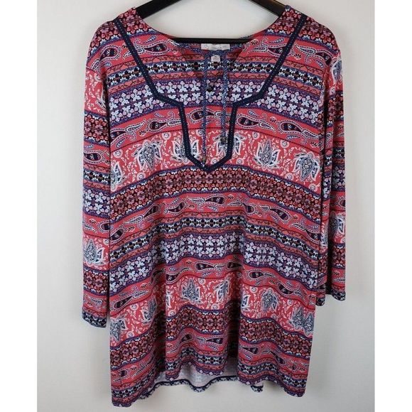 Dress Barn 3/4 Sleeve Top Keyhole Tie Neck Pink Blue Paisley XL EUC - Picture 1 of 3